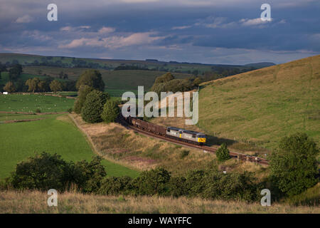 2 DC-railfreight Klasse 56 Lokomotiven vorbei Otterburn, Yorkshire mit einem Güterzug von leeren Kasten wagen Stockfoto