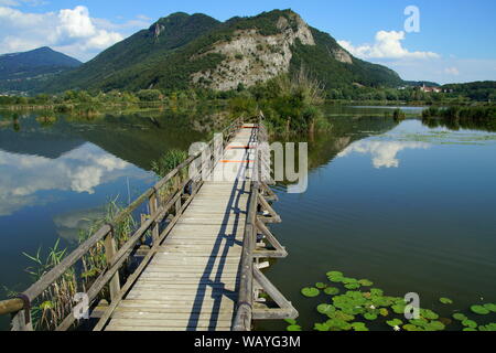 Boardwalk inNatural finden Sebino, Italienisch Feuchtgebiet. Stockfoto