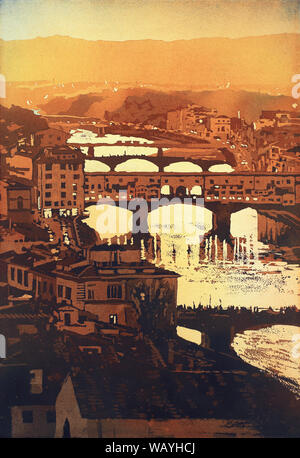 Ponte Vecchio bei Sonnenuntergang in der mittelalterlichen Stadt von Florenz, Italien in der Nacht. Florenz Italien Aquarell fine art Ponte Vecchio drucken Stockfoto