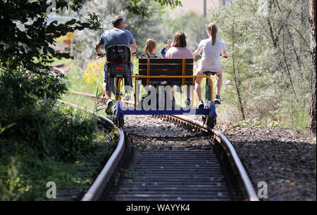 20. August 2019, Mecklenburg-Vorpommern, Waren (Müritz): eine Familie aus Baden-Württemberg ist Reisen mit einer Katze zwischen Der ehemalige Güterbahnhof und der Naturpark Mecklenburgische Schweiz. Die Route der "raisine Mecklenburg" zwischen Waren (Müritz) und Schwinkendorf ist 13 Kilometer lang, kürzere Touren sind natürlich auch möglich. Wer will zu überholen die Katze mit seiner Front Mann austauschen müssen. Foto: Bernd Wüstneck/dpa-Zentralbild/ZB Stockfoto