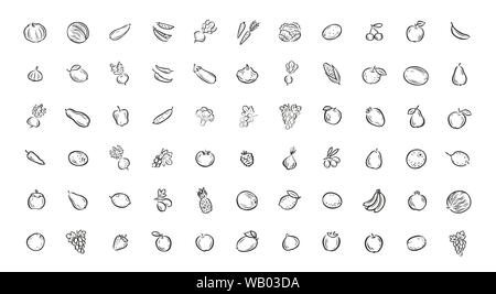 Symbole für Obst und Gemüse eingestellt. Vektorgrafik Lebensmittel Stock Vektor