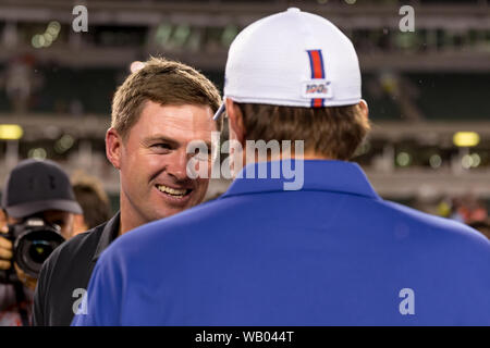 Cincinnati, USA. 22 Aug, 2019. 22. August 2019 - Cincinnati Bengals Haupttrainer Zac Taylor nach NFL Football preseason Spiel zwischen den New York Giants und die Cincinnati Bengals an Paul Brown Stadium in Cincinnati, OH. Adam Lacy/CSM Credit: Cal Sport Media/Alamy leben Nachrichten Stockfoto