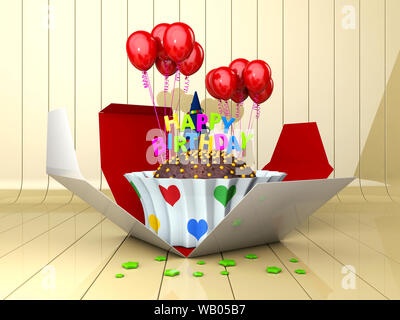 3D-Darstellung der Geburtstag Kuchen mit roten Ballons. Stockfoto