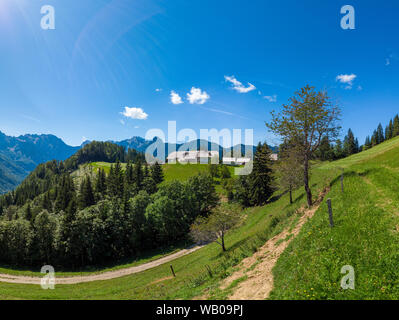 Berge, Alpen in Slowenien mit Bauernhof und blühende Wiesen, solcava Panoramastraße Stockfoto