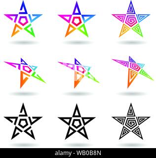 Vector Abbildung: Schwarz und REGENBOGENFARBENEN Sterne mit Swirly Formen isoliert auf weißem Hintergrund Stock Vektor