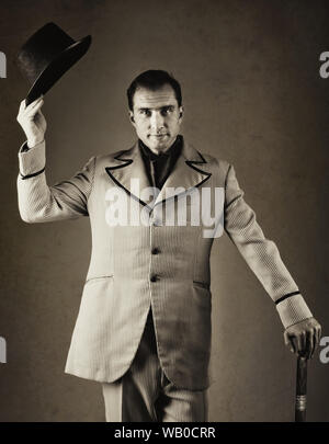 Fröhliche vintage Gentleman. Stilisierte schwarz und weiß Portrait. Stockfoto