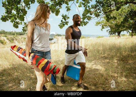 Jungen multiethnischen Internationale romantisches Paar draußen auf der Wiese im sonnigen Sommertag. African-american man und kaukasische Frau mit Picknick tog Stockfoto