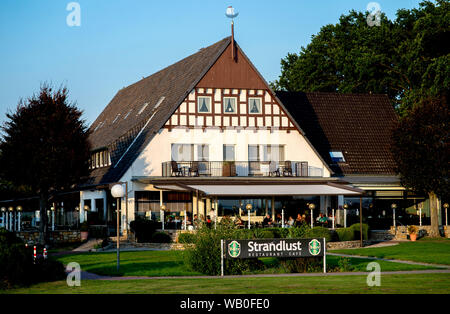 Lembruch, Deutschland. 22 Aug, 2019. Die Gäste sitzen in der Abendsonne auf der Terrasse des Restaurant Strandlust am Ufer des Sees Dümmer im Landkreis Diepholz. Credit: Hauke-Christian Dittrich/dpa/Alamy leben Nachrichten Stockfoto