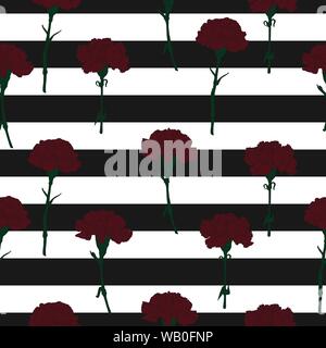 Dunkle rote Nelke Blumen auf einem schwarz gestreiften Hintergrund nahtlose Muster Stock Vektor