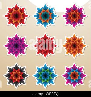 Vector Illustration von bunten Bold Blumen Aufkleber mit Spitzen Blütenblättern Stock Vektor