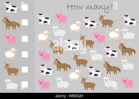 Wie viele zählen Spiel, Tiere für Kinder, Pädagogische mathe Aufgabe für die Entwicklung des logischen Denkens, Vorschule Arbeitsblatt Aktivität, Zählen und Stock Vektor