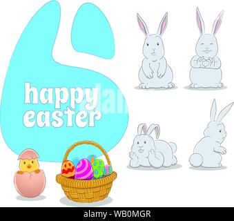 Abbildung: Horizontale Vektor Blau Frohe Ostern Hintergrund mit 4 Häschen ein Küken und Eier Warenkorb isoliert auf weißem Hintergrund Stock Vektor