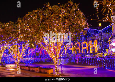 Dekorative outdoor string Lichter am Baum im Garten bei Nacht feste Zeit Jahreszeit - dekorative Weihnachtsbeleuchtung - Frohes neues Jahr Stockfoto