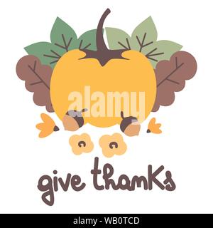 Süße bunte Vektor Illustration für Thanksgiving Tag Urlaub mit handschriftlichen Schriftzug Danke zitieren und mit Kürbis, Blätter, Blume Stock Vektor