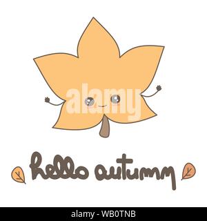 Süße Hand gezeichnet Schriftzug hallo Herbst Kalligraphie Vektor Karte mit fallen Zeichentrickfigur Blatt Stock Vektor