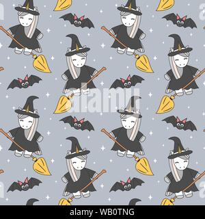 Cute cartoon Einhorn Hexe auf Besen fliegen und Fledermäuse halloween nahtlose Vektor Muster hintergrund abbildung Stock Vektor