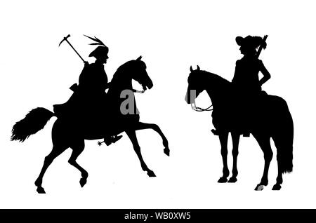 Ritter Abbildung montiert. Montiert Musketier und kroatische Reiter Silhouette von dreißig Jahren Krieg. Historische Illustration. Stockfoto