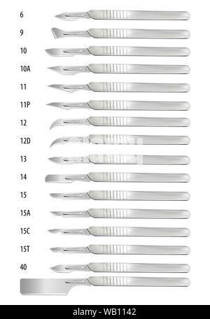 Satz von chirurgische Skalpelle mit abnehmbaren Blenden in verschiedenen Formen. Satz von Blades für den Griff Nummer 3. Die allgemein akzeptierte Nummerierung der Stock Vektor