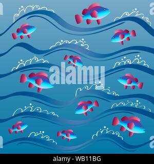 Bunte Fische schwimmen im Meer Wellen. Meer Hintergrund. Vector EPS 10. Stock Vektor