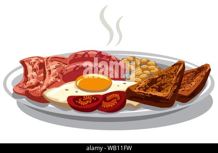 Illustration des traditionellen englischen Frühstück mit Spiegeleiern und Speck Stock Vektor