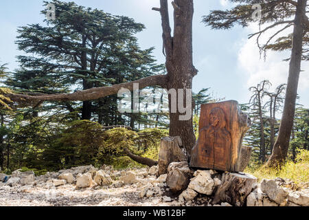 Baumstamm schnitzen in Tannourine Zedernwald Naturschutzgebiet, Libanon Stockfoto