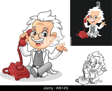 Gerne alte Mann Professor mit Brille Holding Telefon Empfänger Cartoon Character Design, einschließlich Flachbild und Line Art Designs, Vector Illustration. Stock Vektor