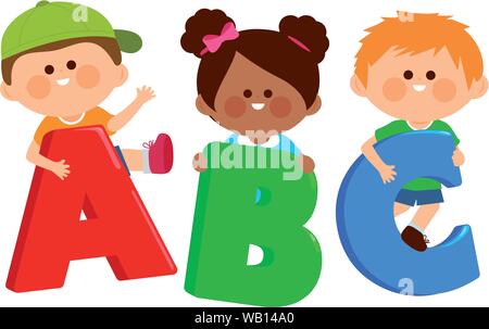 Schulkinder mit bunten Buchstaben. Junge und Mädchen Studenten und Briefe ABC. Kinder lernen lesen. Vektorabbildung Stock Vektor