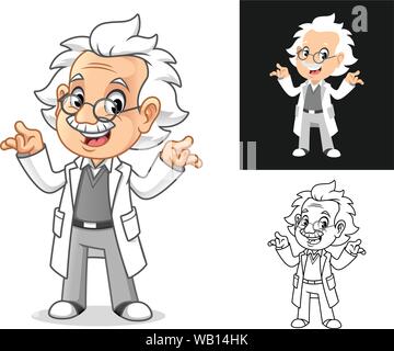 Verwirrte alte Mann Professor mit Achselzucken Geste Cartoon Character Design, einschließlich Flachbild und Line Art Designs, Vector Illustration. Stock Vektor