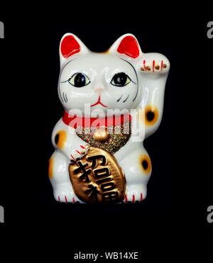 Japan lucky cat oder Maneki Neko mit japanischen Zeichen bedeuten Glück und Reichtum auf Goldmedaille auf schwarzem Hintergrund Stockfoto