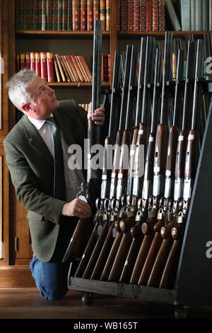 Versteigerer Gavin Gardiner Ansichten eines 12-Bohrung kreative Kunst runden Tätigkeit Auswerfer über und unter Gewehr gestochen von gut - Schottische Büchsenmacher David McKay Brown (bei geschätzten?? 18,000-24,000), vor der Gavin Gardiner Ltd jährliche Auktion der Moderne und klassische Sportwaffen in Gleneagles Hotel. Stockfoto