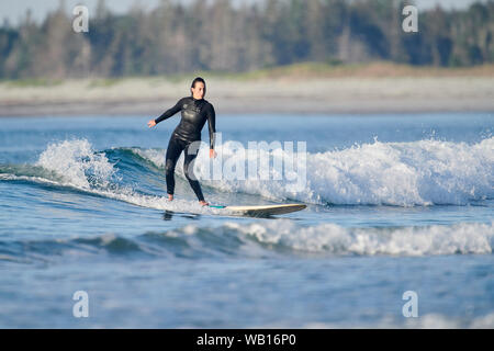Surfer genießen Sie den Morgen Wellen, Cherry Hill Beach, Nova Scotia, Kanada Stockfoto