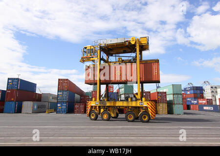 Fahren Straddle Carrier (Van Carrier) mit einem Container im Hafen von Auckland, Neuseeland Stockfoto