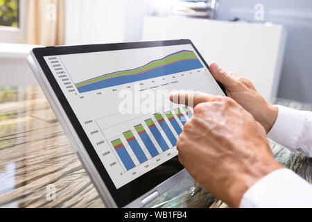 Nahaufnahmen der Hände halten Digitale Tablet mit KPI-Dashboard Chart Stockfoto