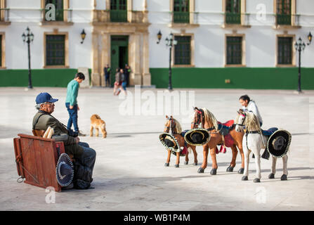 TUNJA, KOLUMBIEN - AUGUST, 2019: Ältere männliche traditionelle Fotograf bei Bolivar Square in Tunja Downtown Stockfoto