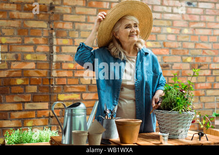 Freundliche ältere Frau berühren Strohhut und Holding Rake in der Nähe von Werk Stockfoto