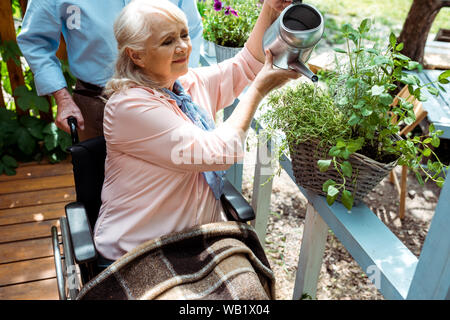 7/8-Ansicht der älteren Mann stand in der Nähe der behinderten Frau im Rollstuhl Bewässerung Anlage Stockfoto