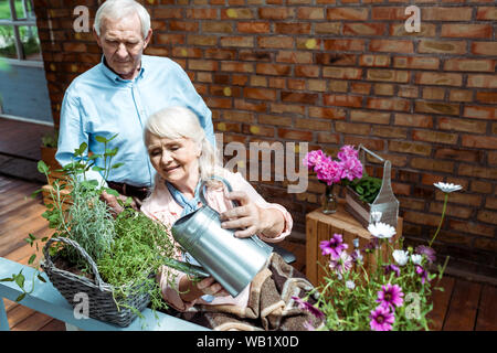 Ältere behinderte Frau im Rollstuhl und Bewässerung der Pflanzen in der Nähe von Ehemann sitzen Stockfoto