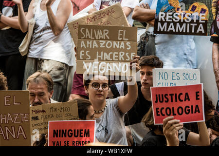 Aktivisten halten Plakate hoch, während der Demonstration. Demonstranten die Straße vor der Brasilianischen Botschaft in einem Aussterben Rebellion Spanien protestieren gegen Präsident Jair Bolsonaro, in Madrid blockiert.