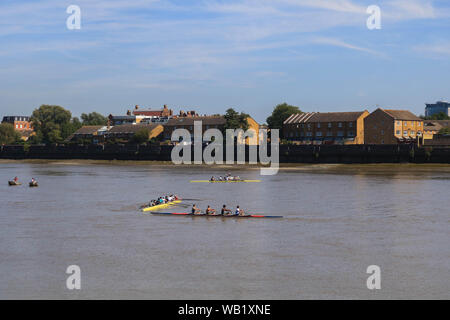 London, Großbritannien. 23 Aug, 2019. Ruderboote auf der Themse in der Nähe von Putney an einem warmen sonnigen Tag in London. Credit: Amer Ghazzal/SOPA Images/ZUMA Draht/Alamy leben Nachrichten Stockfoto