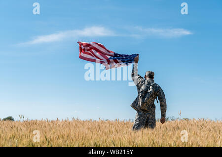 Rückansicht des Soldaten in Uniform stehen im Feld mit goldenen Weizen und die amerikanische Flagge Stockfoto