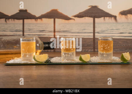 Drei Schüsse von Rum auf einem Tablett mit viel Salz und Scheiben von Kalk auf einen hölzernen Tisch serviert, mit einer Flasche Rum und ein Foto des Strandes im Hinterg Stockfoto