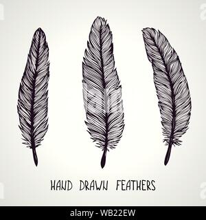Hand gezeichnet Feder auf weißem Hintergrund. Feder eingestellt. Künstlerisch handgezeichnete Vektorgrafiken. Vintage Tribal feather Stock Vektor