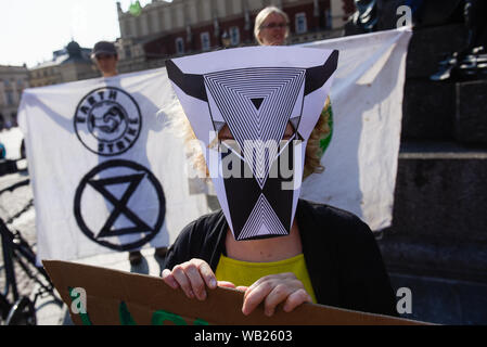 Eine Frau trägt eine Maske, während eines Protestes anspruchsvolle Aktion die verheerenden Waldbrände im brasilianischen Amazonasgebiet Wald am Hauptplatz zu kämpfen. das Nationale Institut für Weltraumforschung (Inpe) sagte, dass seine Satelliten Daten zeigten eine 84% Zunahme der Waldbrände im Vergleich zum gleichen Zeitraum im Jahr 2018. Der größte Regenwald der Welt ist ein wichtiger Kohlenstoffspeicher verlangsamt das Tempo der globalen Erwärmung. Der französische Präsident Emmanuel Längestrich durch die deutsche Bundeskanzlerin Angela Merkel die Brände im Amazonas auf der Tagesordnung des anstehenden G7-Gipfels zu setzen. Stockfoto