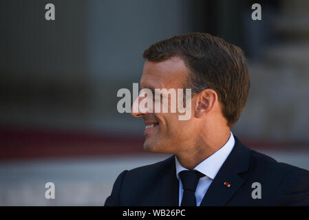 *** Streng KEINE VERKÄUFE IN DEN FRANZÖSISCHEN MEDIEN UND VERLAGE *** August 22, 2019 - Paris, Frankreich: der französische Präsident Emmanuel Längestrich trifft sich mit dem britischen Premierminister Boris Johnson Brexit vor dem G7-Gipfel in Biarritz zu diskutieren. Rencontre a l'Elysee entre Emmanuel Längestrich et Boris Johnson. Stockfoto