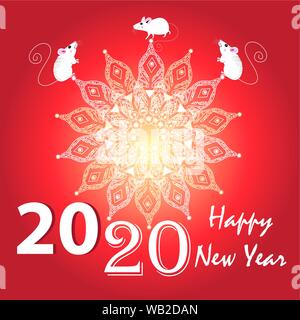 Weihnachtskarte aus weiße Mäuse auf einem roten Hintergrund mit Schneeflocken. Ein Beispiel für eine festliche Gestaltung des neuen Jahres für eine store, Webseite oder Poster. Stock Vektor