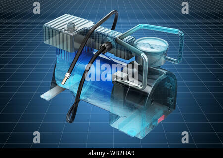 Visualisierung 3D-CAD-Modell des Autos tragbare elektrische Luftkompressor, Blaupause. 3D-Rendering Stockfoto