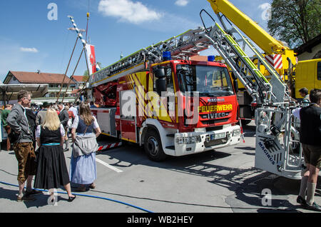 Eine der ältesten Traditionen noch in Oberbayern gepflegt ist die Einrichtung des traditionellen Maibaum zusammen mit Musik und Bier trinkt. Stockfoto