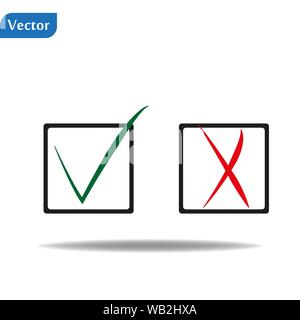 Häkchen Icons, Tick und Kreuz in grunge Stil. Hand mit Pinsel gezeichnet. Stock Vektor