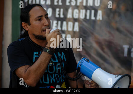 San Salvador, El Salvador. 23 Aug, 2019. Eine Gruppe von Salvadorianer protestierten außerhalb der Botschaft von Brasilien, die die Regierung von Jair Bolsonaro messures zu nehmen gegen den Amazonas Regenwald Waldbrände (Credit Bild: © camilo FreedmanZUMA Draht) Stockfoto