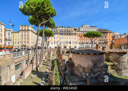 Der ausgegrabene unterirdische Ruinen von Largo di Torre Argentina, römische Tempel und die Überreste von Pompey's Theater, jetzt ein Cat Sanctuary. Stockfoto